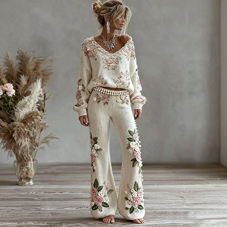 Women's Pink Floral Embroidered Art Knit Pants
