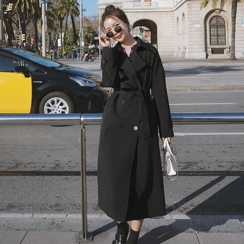 Brand New Fashion Women Trench Coat Black Double-Breasted with Belt Long Duster Coat for Lady Spring Autumn Female Outerwear