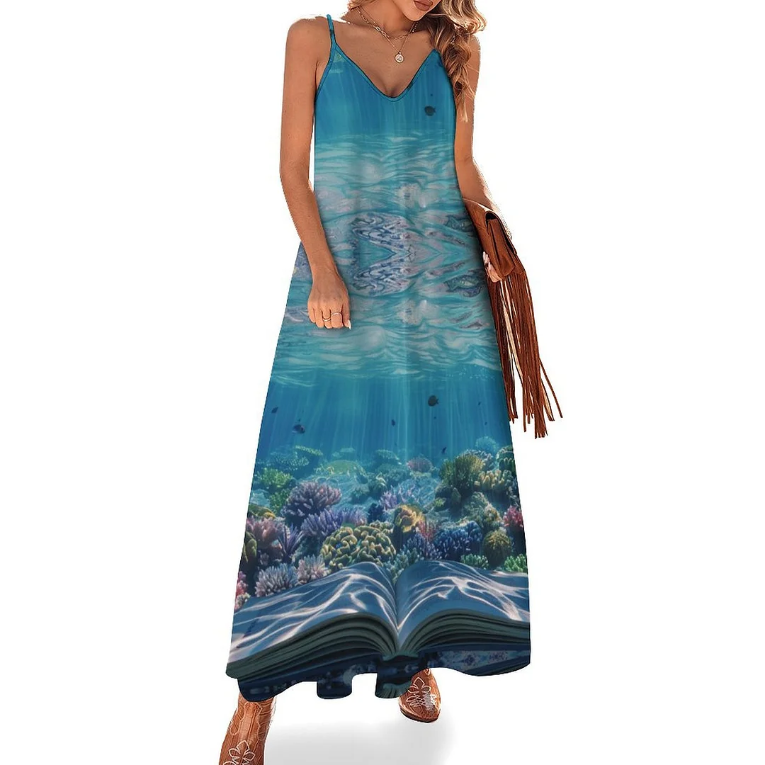 Style & Comfort for Mature Women Plus Size Printed Sling Casual Women Maxi Dress in Pattern Ocean, Blue, Sea, Fish