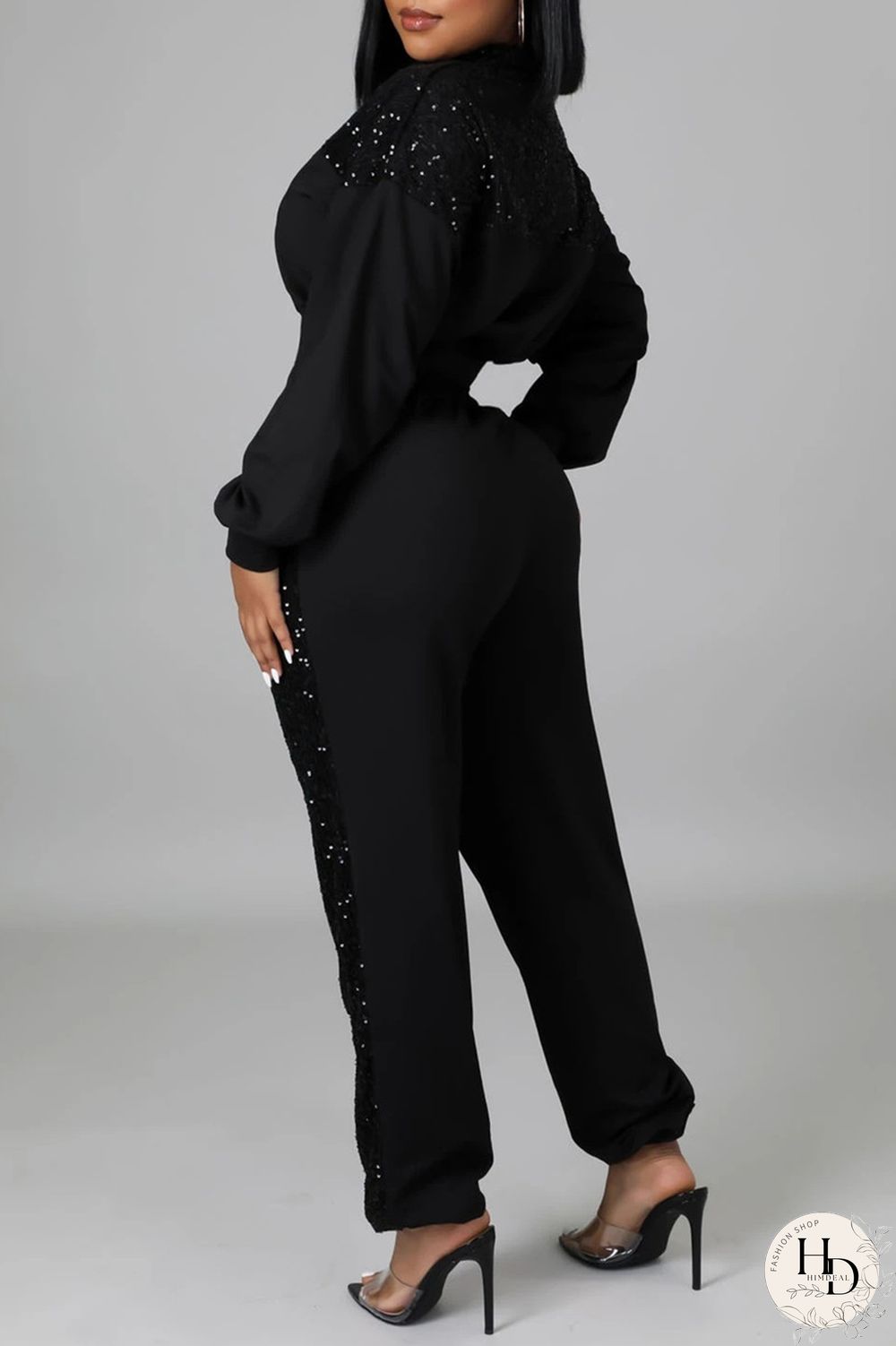 Black Fashion Casual Patchwork Sequins Zipper Collar Long Sleeve Two Pieces
