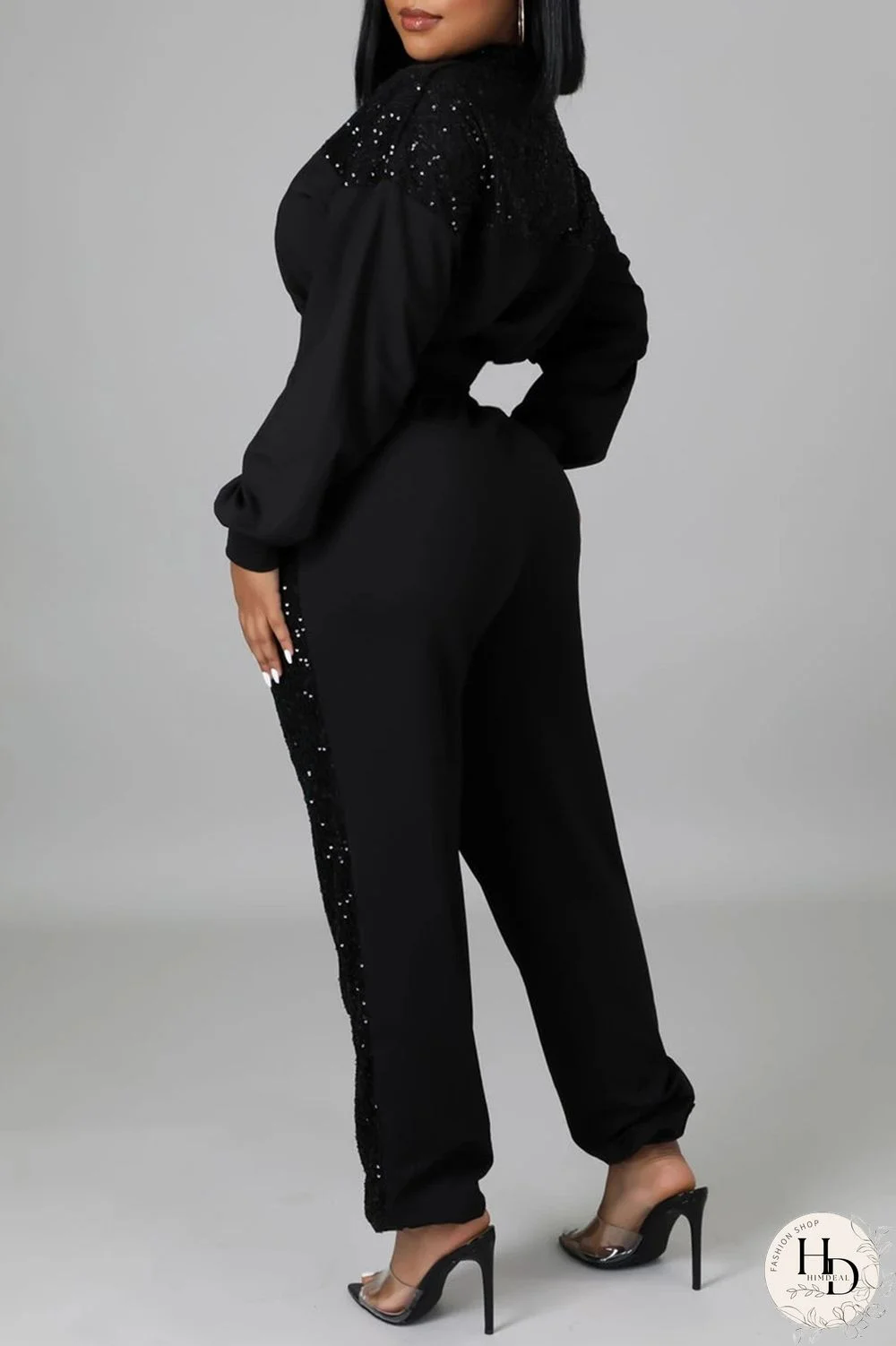 Black Fashion Casual Patchwork Sequins Zipper Collar Long Sleeve Two Pieces