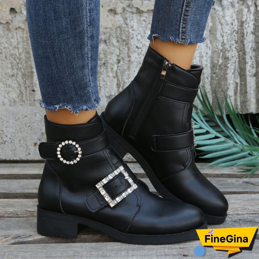 Women's Solid Color Belt Buckle Thick Heel Mid Heel Short Martin Boots