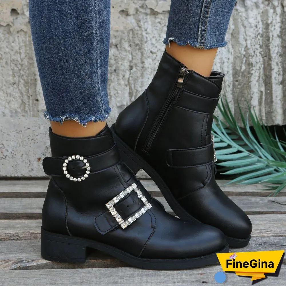 Women's Solid Color Belt Buckle Thick Heel Mid Heel Short Martin Boots