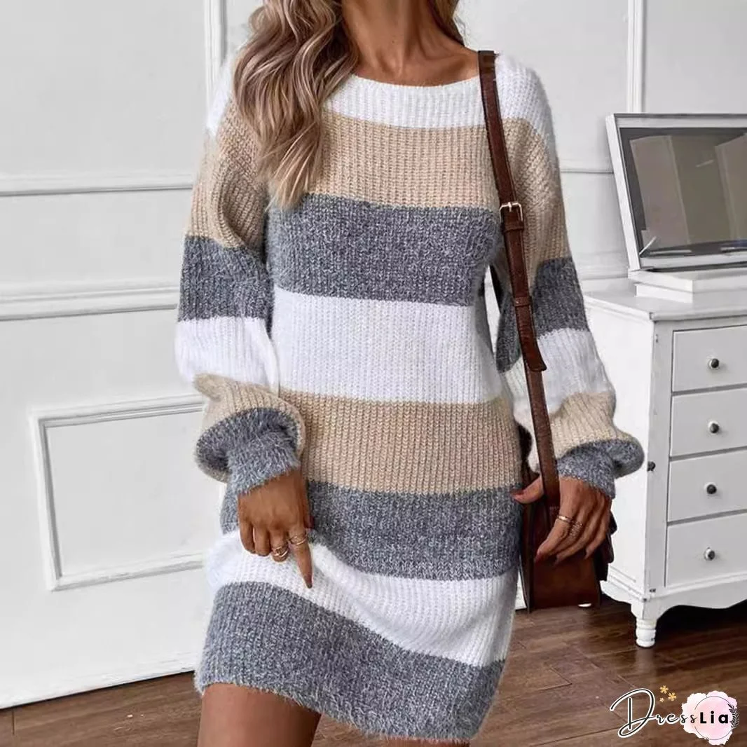 Loose Pink And Gray Color Block Sweater