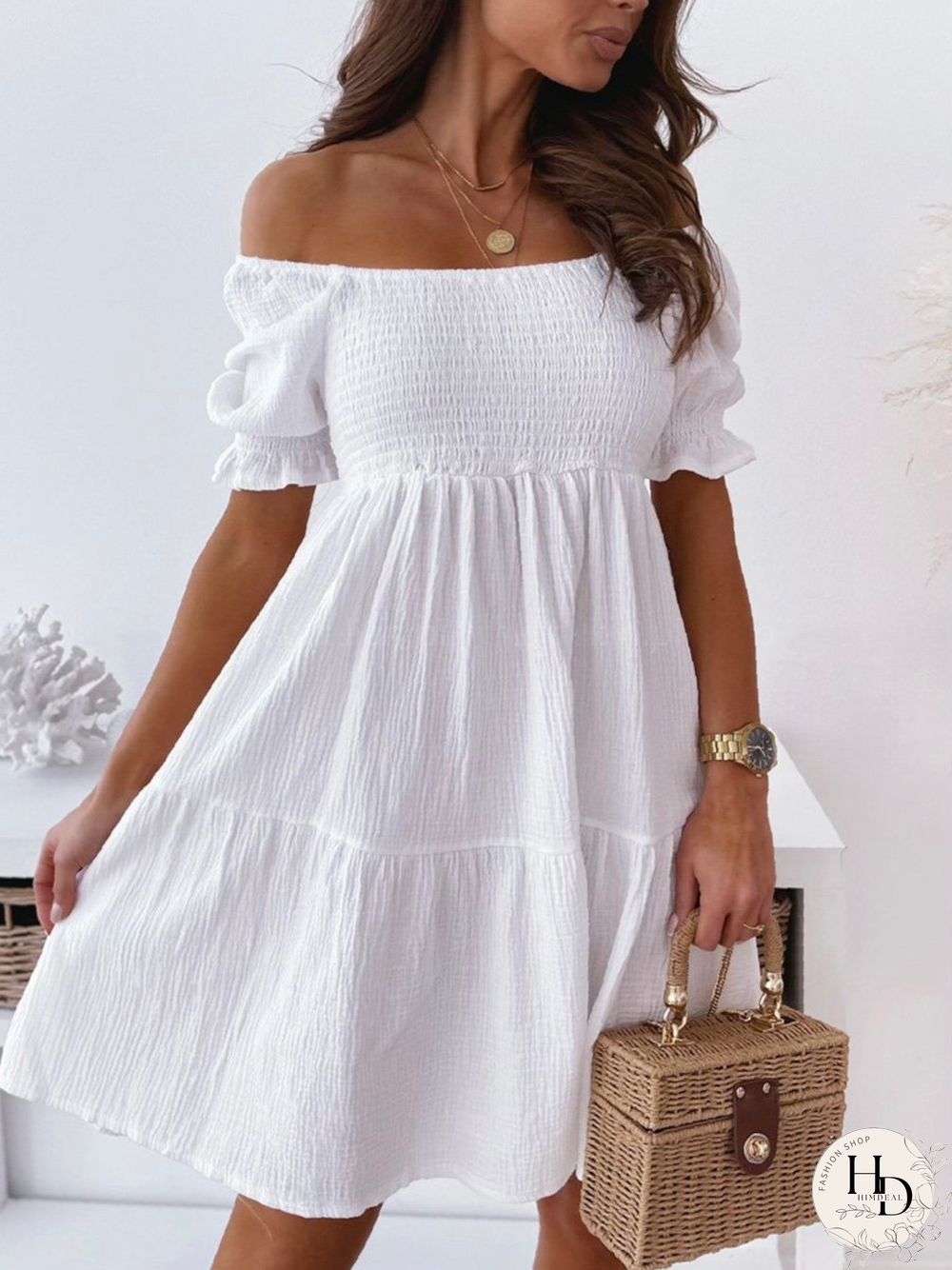 Solid Off-Shoulder Pleated Mini Dress P15230