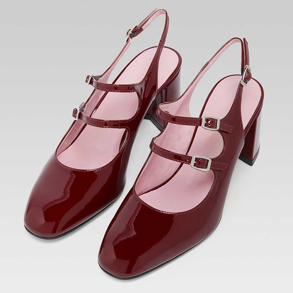 Maroon Patent Buckle Strappy Block Heel Mary Jane Pumps with Slingback Nicepairs