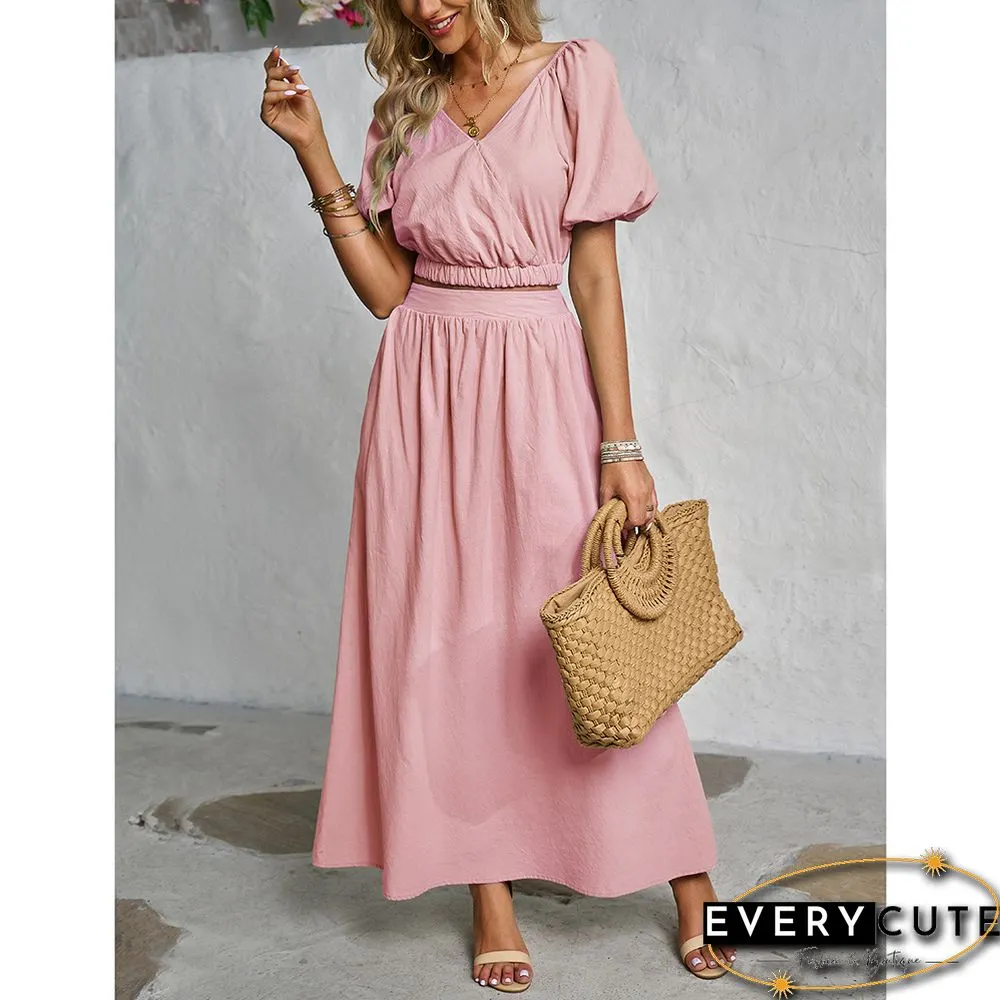Pink V Neck Crop Top and Pocket Skirt Set