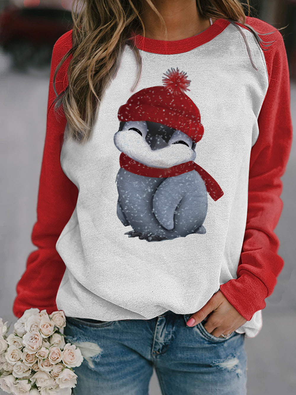 Cute Penguin Casual Print Crew Neck Sweatshirt