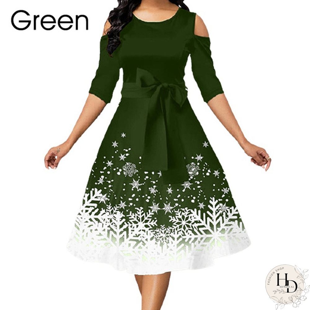 Womens Belted Snowflake Print Cold Shoulder Round-neck Elegant Dress Plus Size Fashion