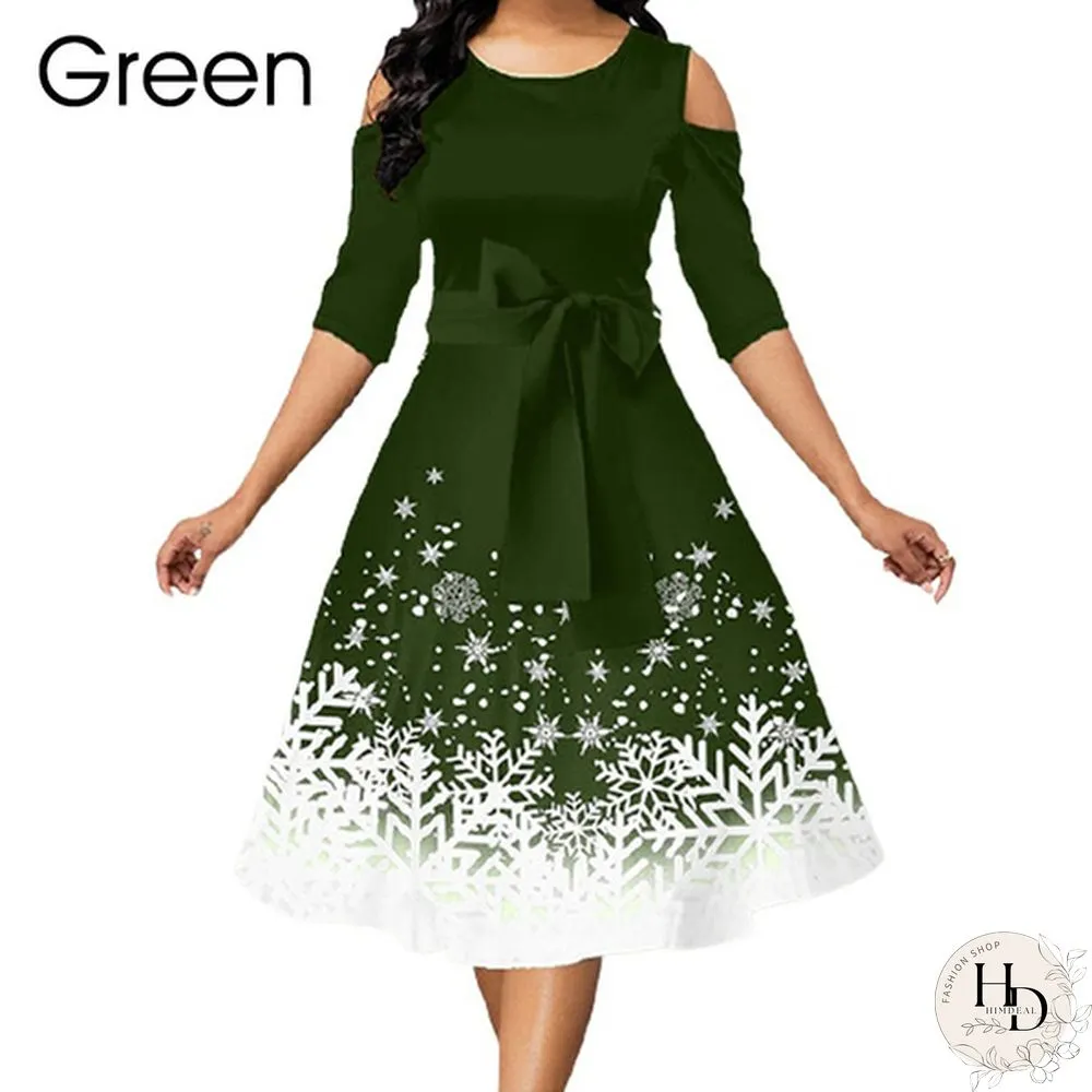 Womens Belted Snowflake Print Cold Shoulder Round-neck Elegant Dress Plus Size Fashion