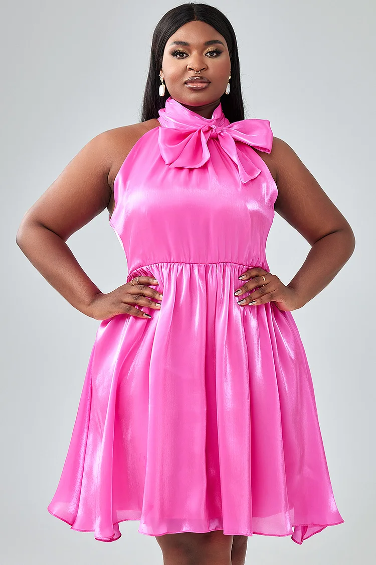 Xpluswear Design Plus Size Party Dress Hot Pink Bow Tie Sleeveless Glitter Halter Mini Dress [Pre-Order]
