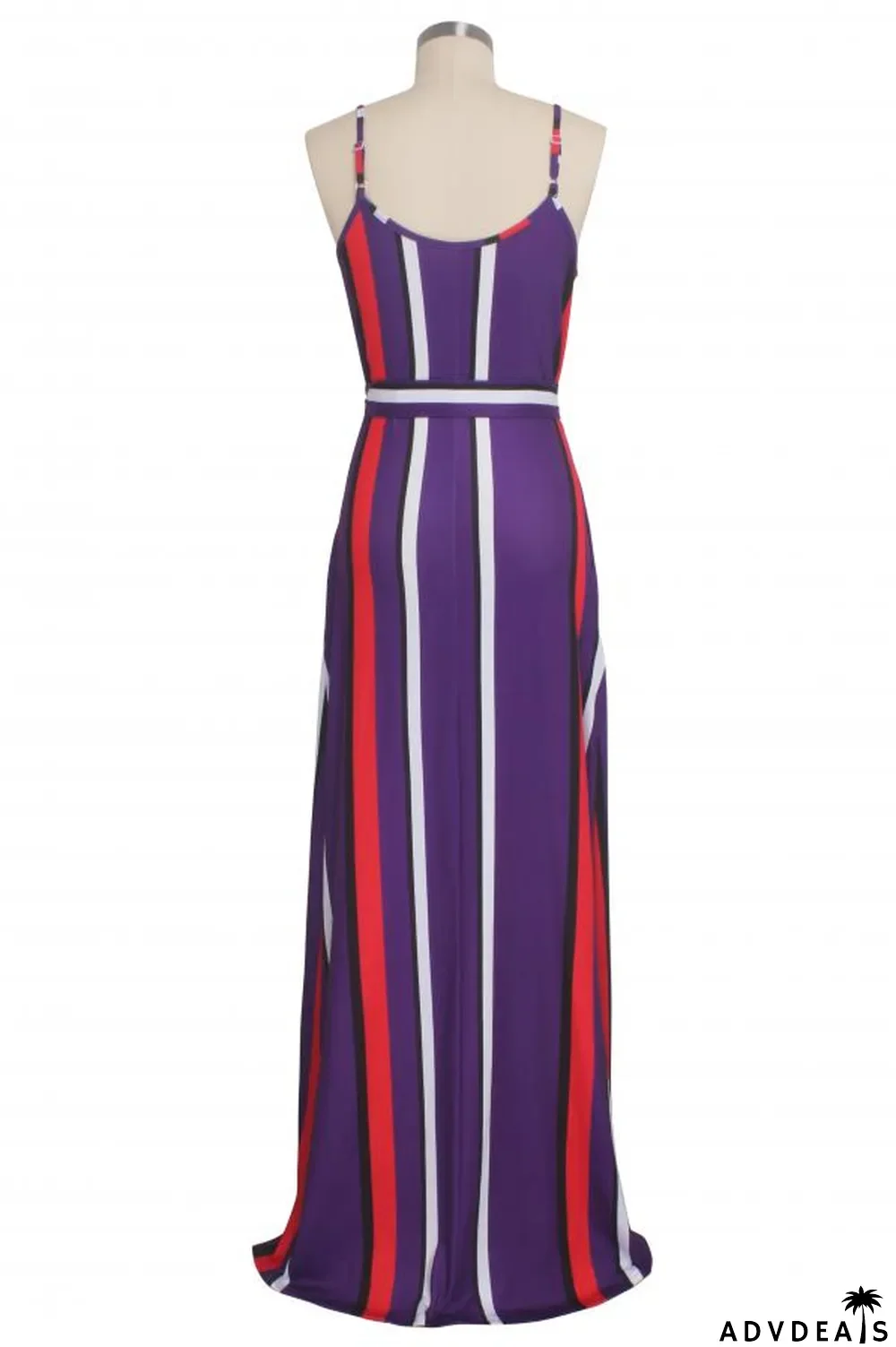 purple Polyester Fashion Sexy Spaghetti Strap Sleeveless Slip A-Line Floor-Length Print asymmetrical Stripe