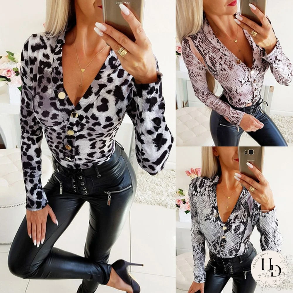 Plus Size Women's Fashion Loose Casual long sleeve V neck Floral print Leopard print Autumn shirt tops