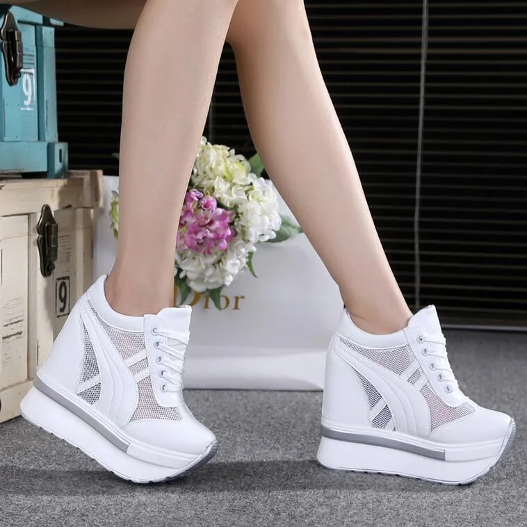 NEW Brand Women Mesh Platform Sneakers Trainers White Shoes 10CM High Heels Wedges Outdoor Shoes Breathable Casual Shoes Woman