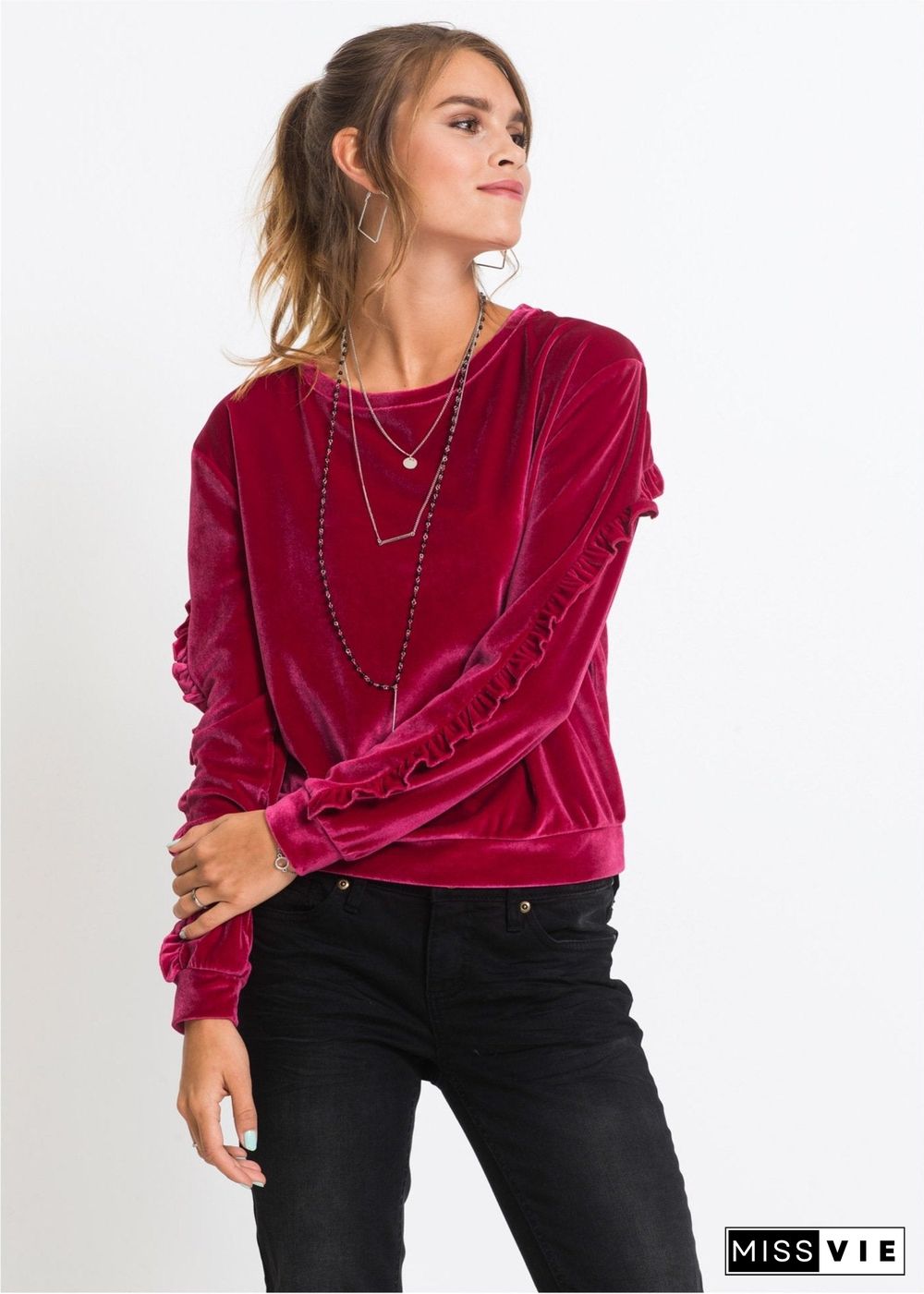 Round Neck Velvet Ruffled Velvet Shirt