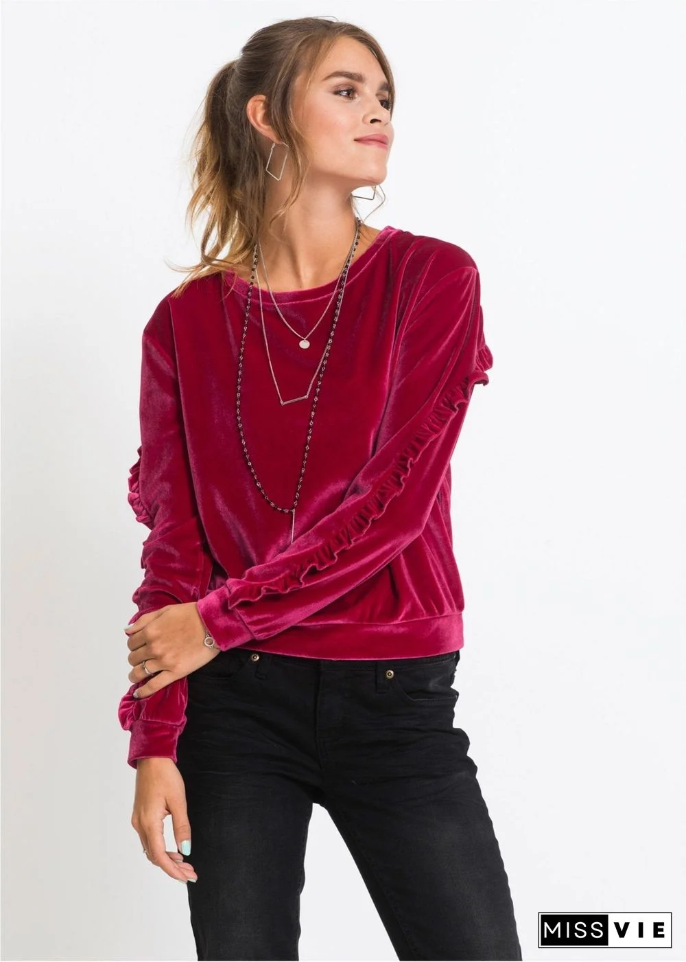 Round Neck Velvet Ruffled Velvet Shirt