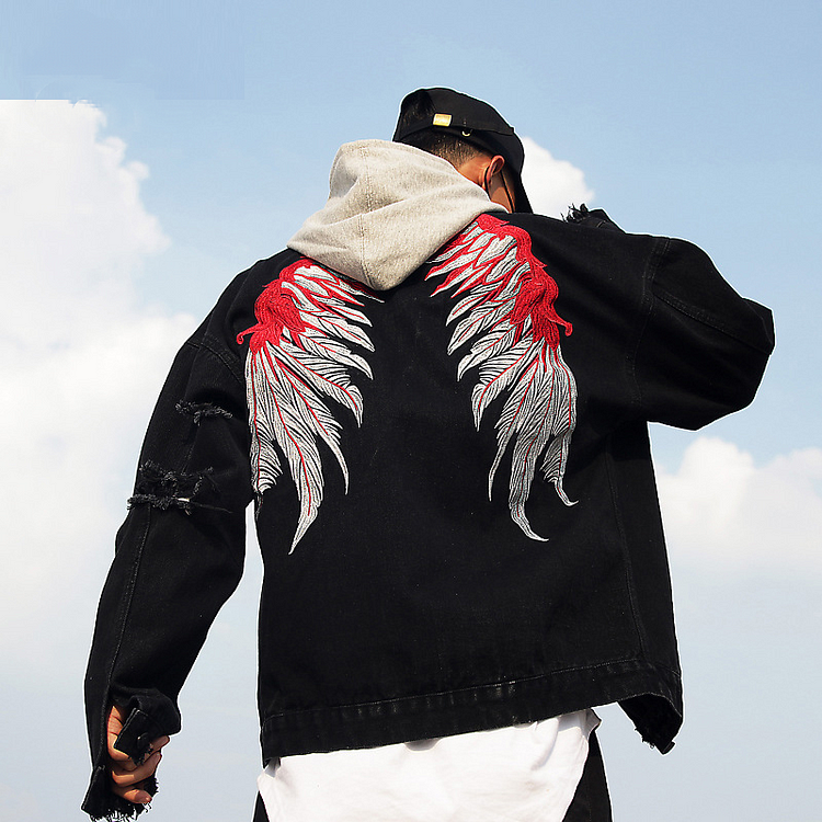 Wing Embroidery Hip Hop Streetwear Men's Denim Jackets at Hiphopee