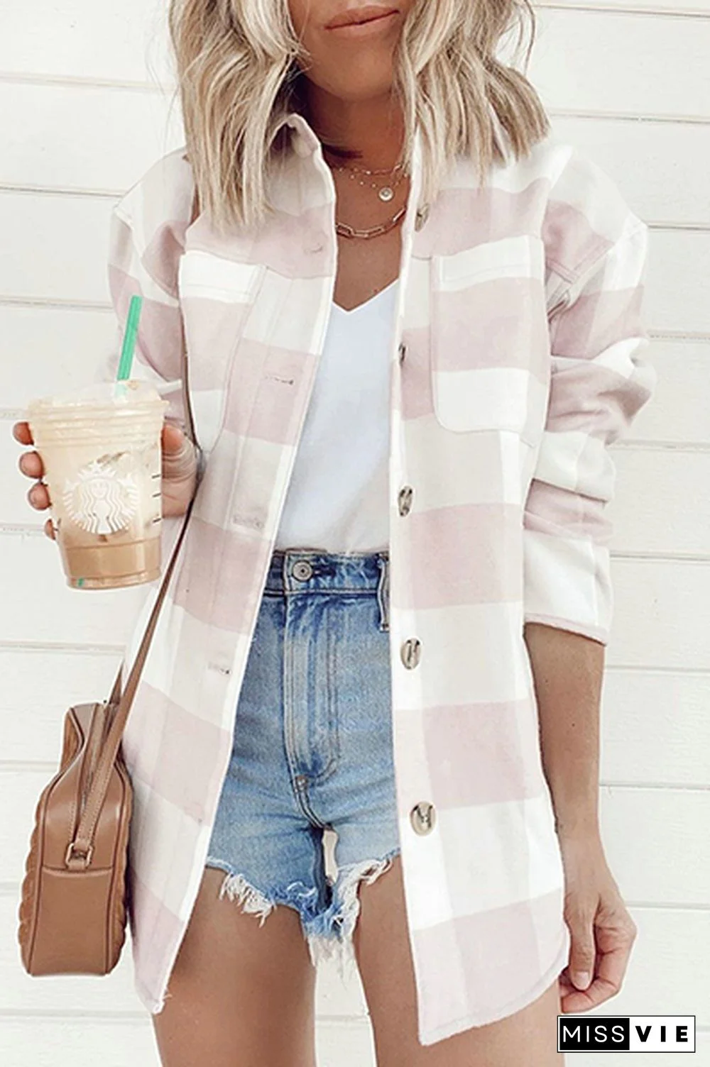 Elegant Plaid Pocket Buckle With Belt Turndown Collar Outerwear