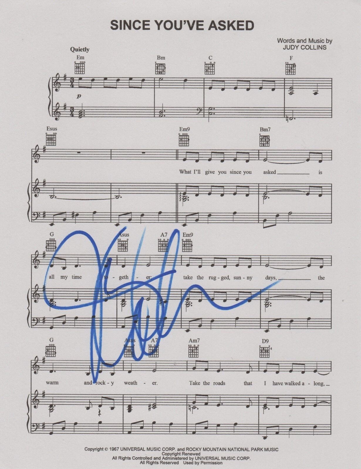 Judy Collins REAL hand SIGNED Since You've Asked sheet music COA Autographed