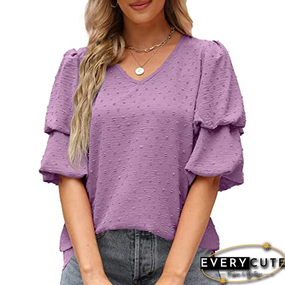 Purple Swiss Dot Puff Short Sleeve V Neck Top