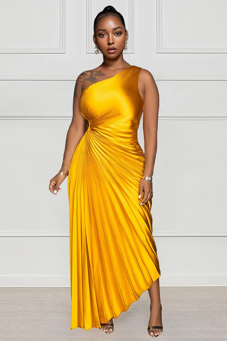 Sheen Metallic Finish One Shoulder Sleeveless Pleated Cocktail Party Maxi Dresses