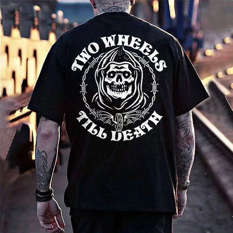 TWO WHEELS TILL DEATH Skull Print Men's T-shirt