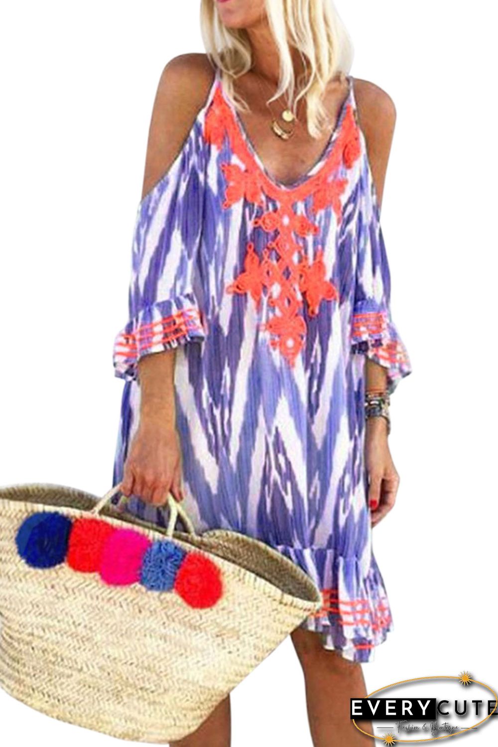 Purple Boho Floral Printed V Neck Vacation Dress