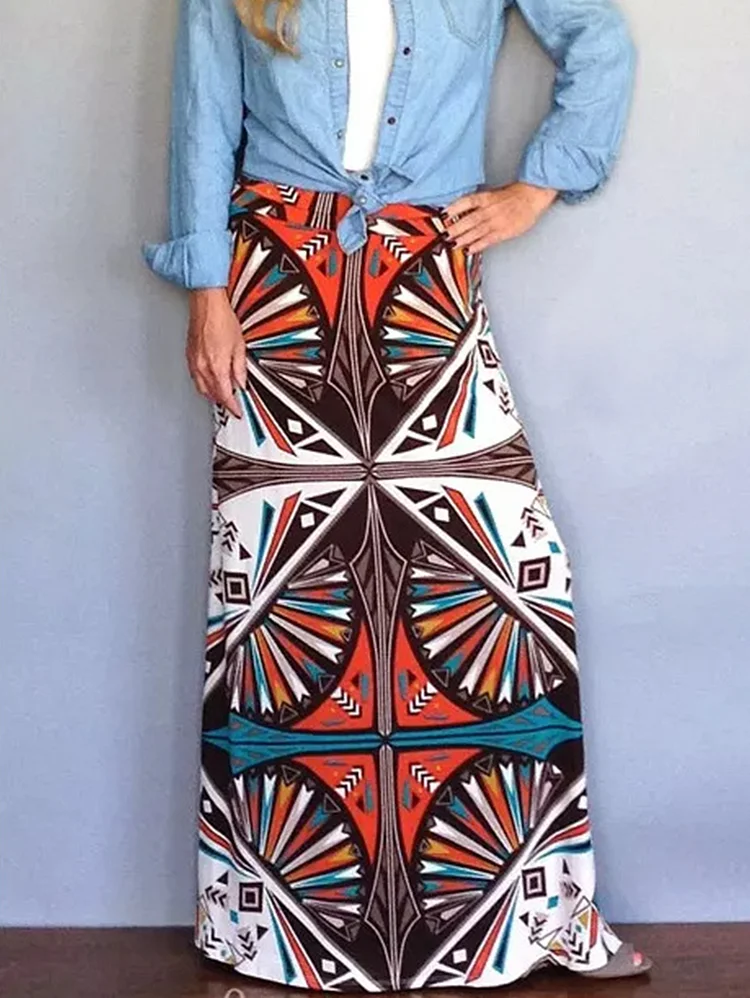 Ethnic Geo Allover Pattern High Waist Maxi Skirt