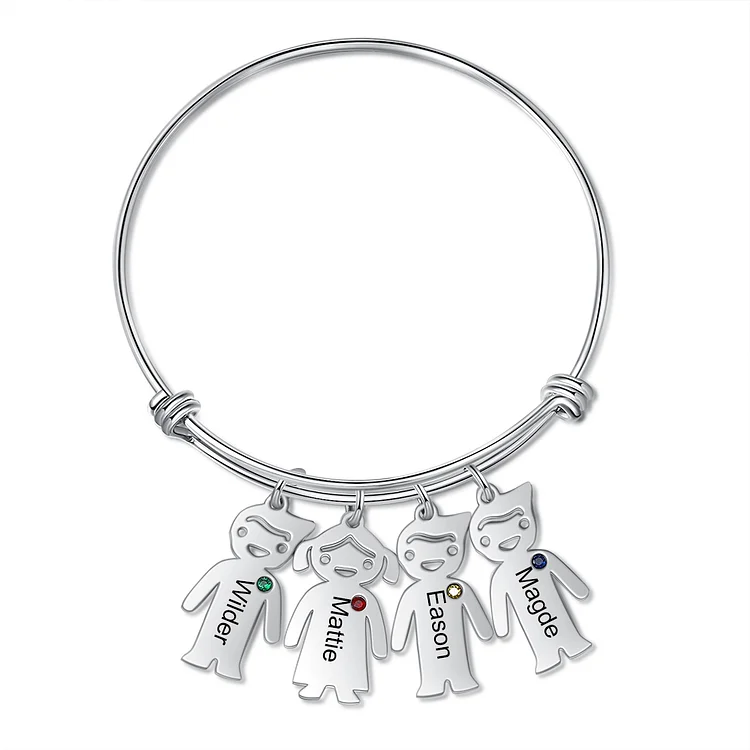 Kid Charm Bangle Bracelet with 4 Birthstones Gift for Mother