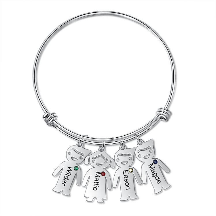 Brazalete pulsera tipo esclava ajustable de Jessemade con 4 dijes para niños y 4 piedras de nacimiento 4 nombres