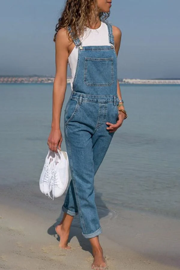 Solid Color Loose Denim Overalls