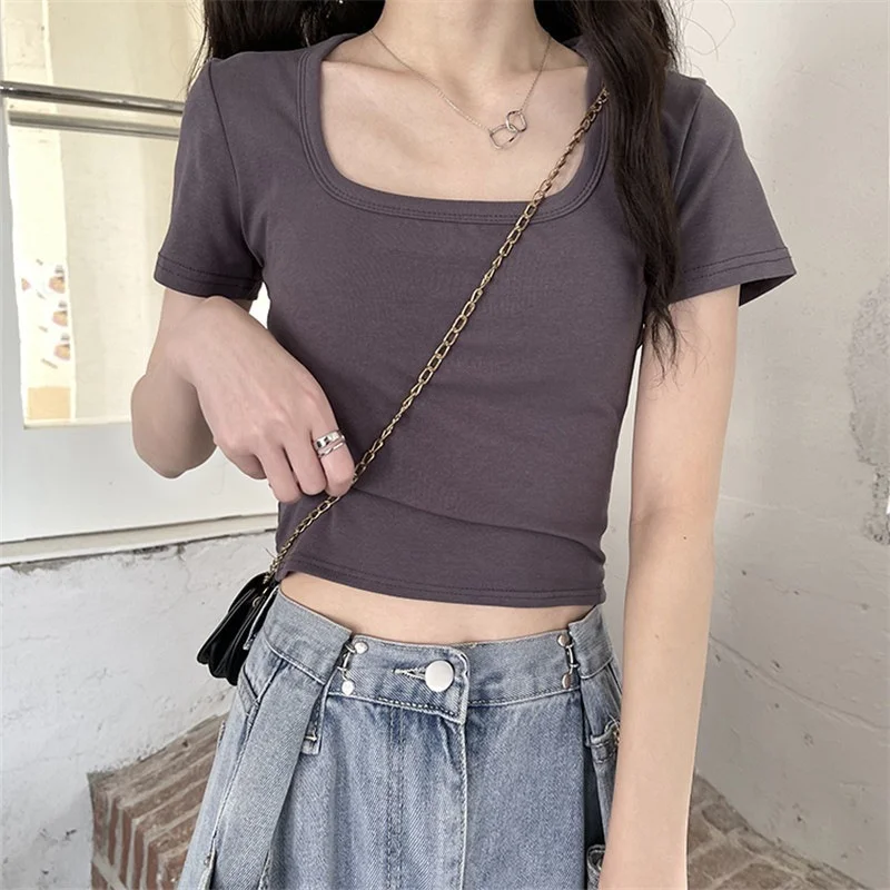 Uveng Uveng Short T-Shirt Female Solid Color 2024 New High Waist Slim Show Thin Hot Girl All-Match Short-Sleeved Square Collar Top Tide