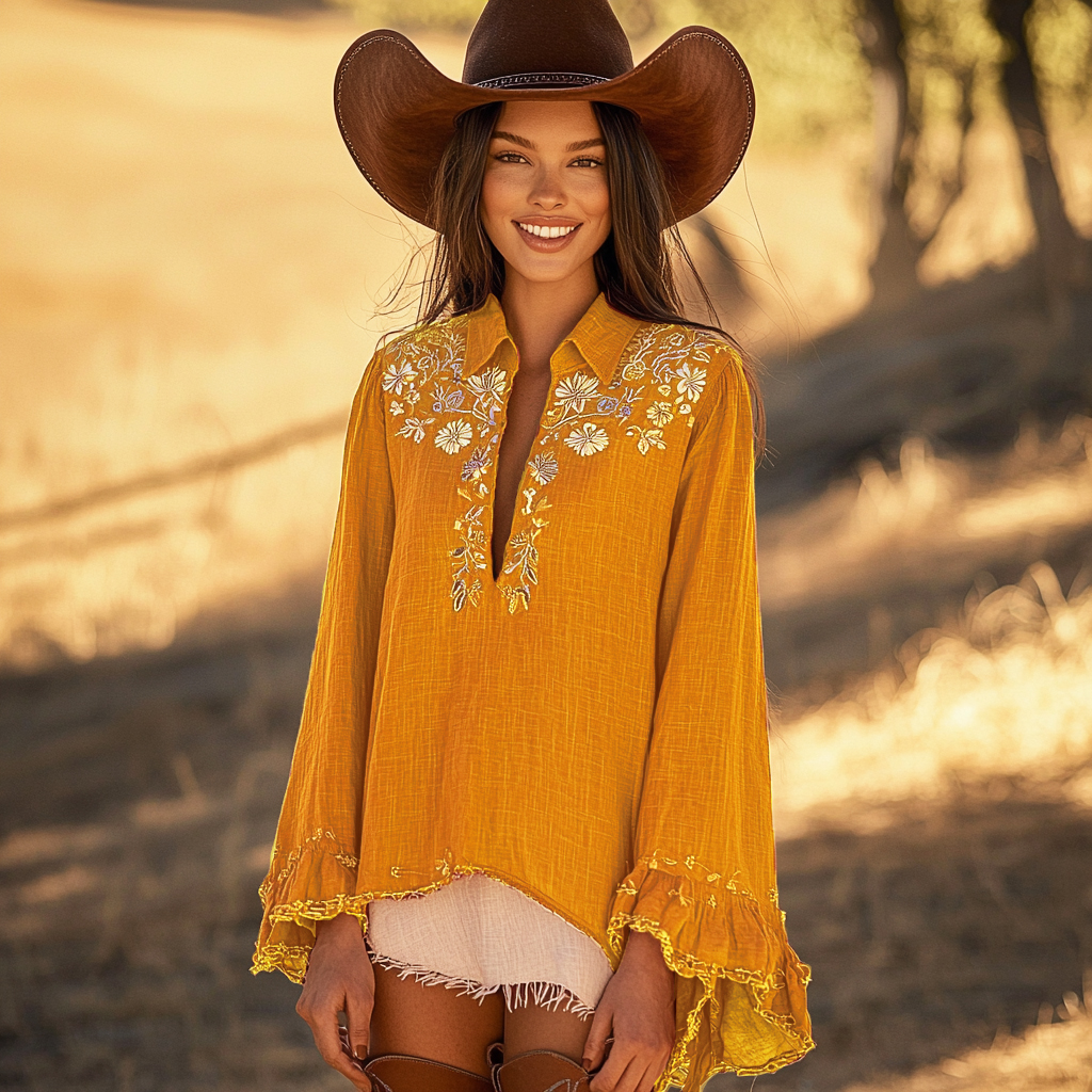 Women's Ethnic Bohemian Floral Trumpet Long Sleeve Shirt