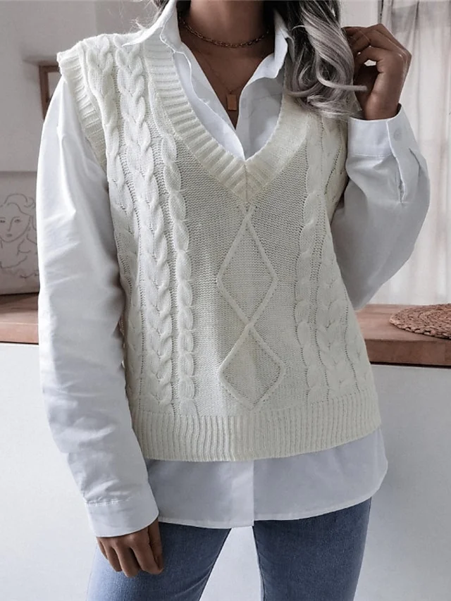 Women's Sweater Vest Jumper Cable Knit Knitted Pure Color V Neck Stylish Casual Outdoor Daily Winter Fall Beige Coffee S M L / Sleeveless | IFYHOME