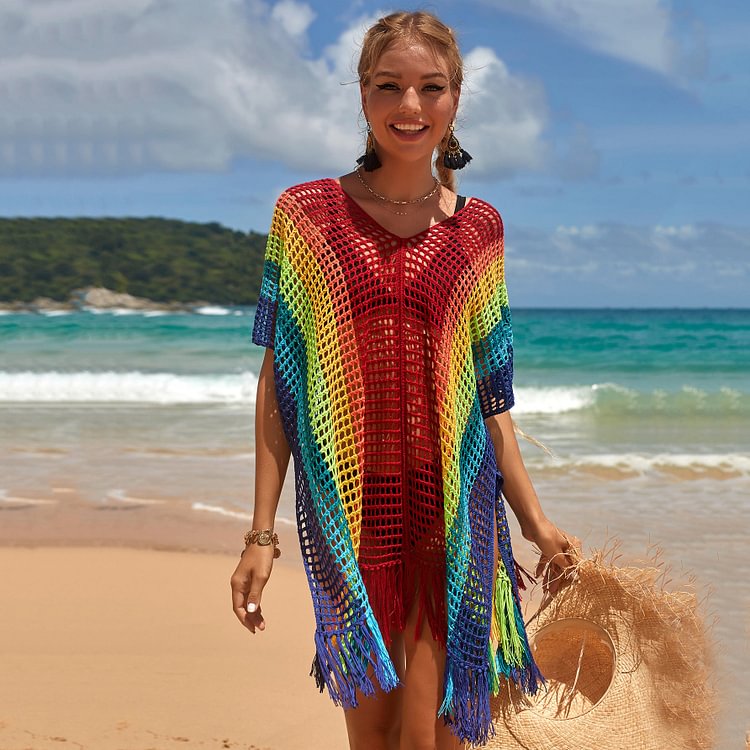 Color Block Knitted Hollow Beach Cover Up