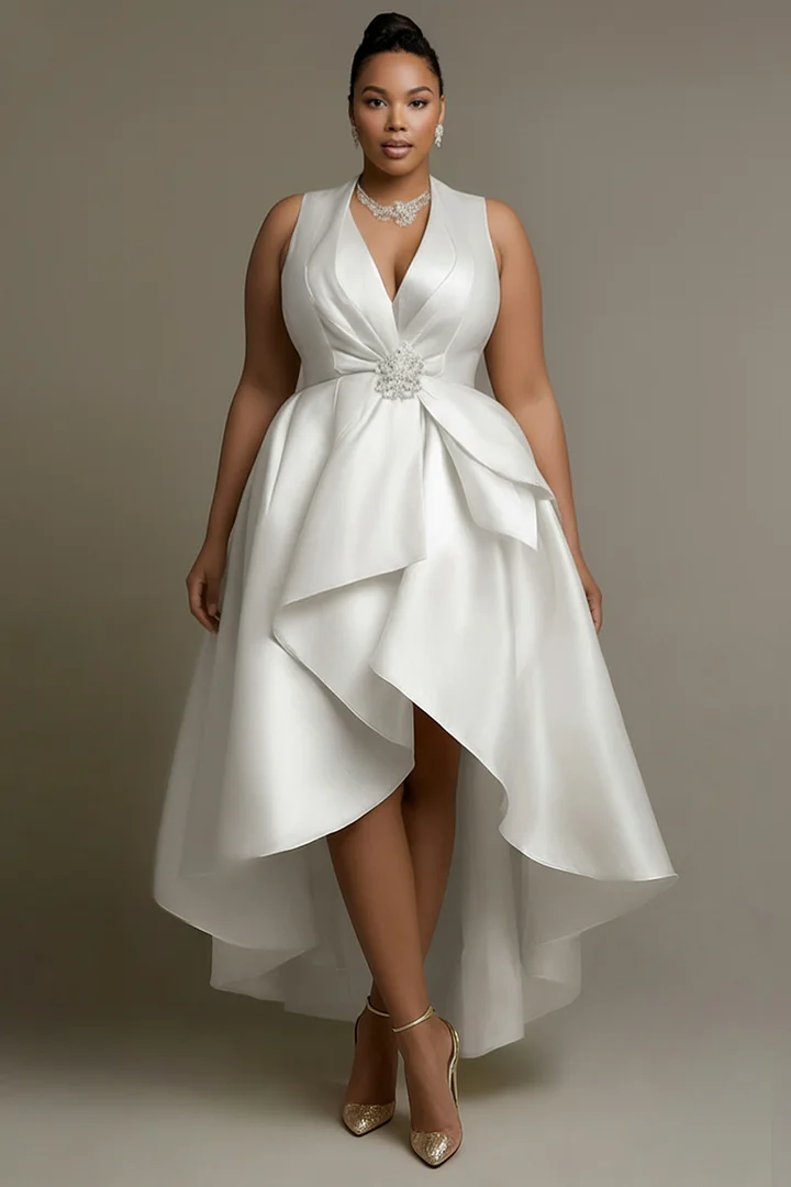 Xpluswear Design Plus Size Wedding White Wrap Neck High Low Hem Pocket Satin Midi Dresses 2024 - Xpluswear