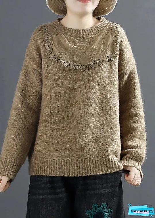 Women Coffee Top Patchwork Casual Sweaters