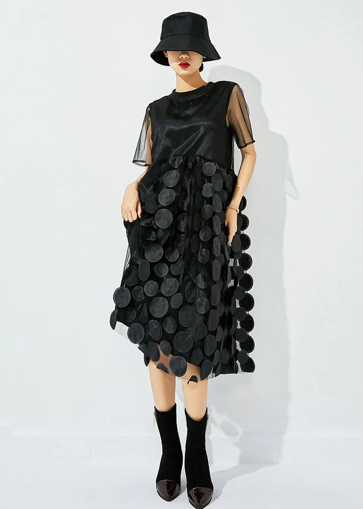 Women Black O-Neck Patchwork Dot Tulle Holiday Dress Summer