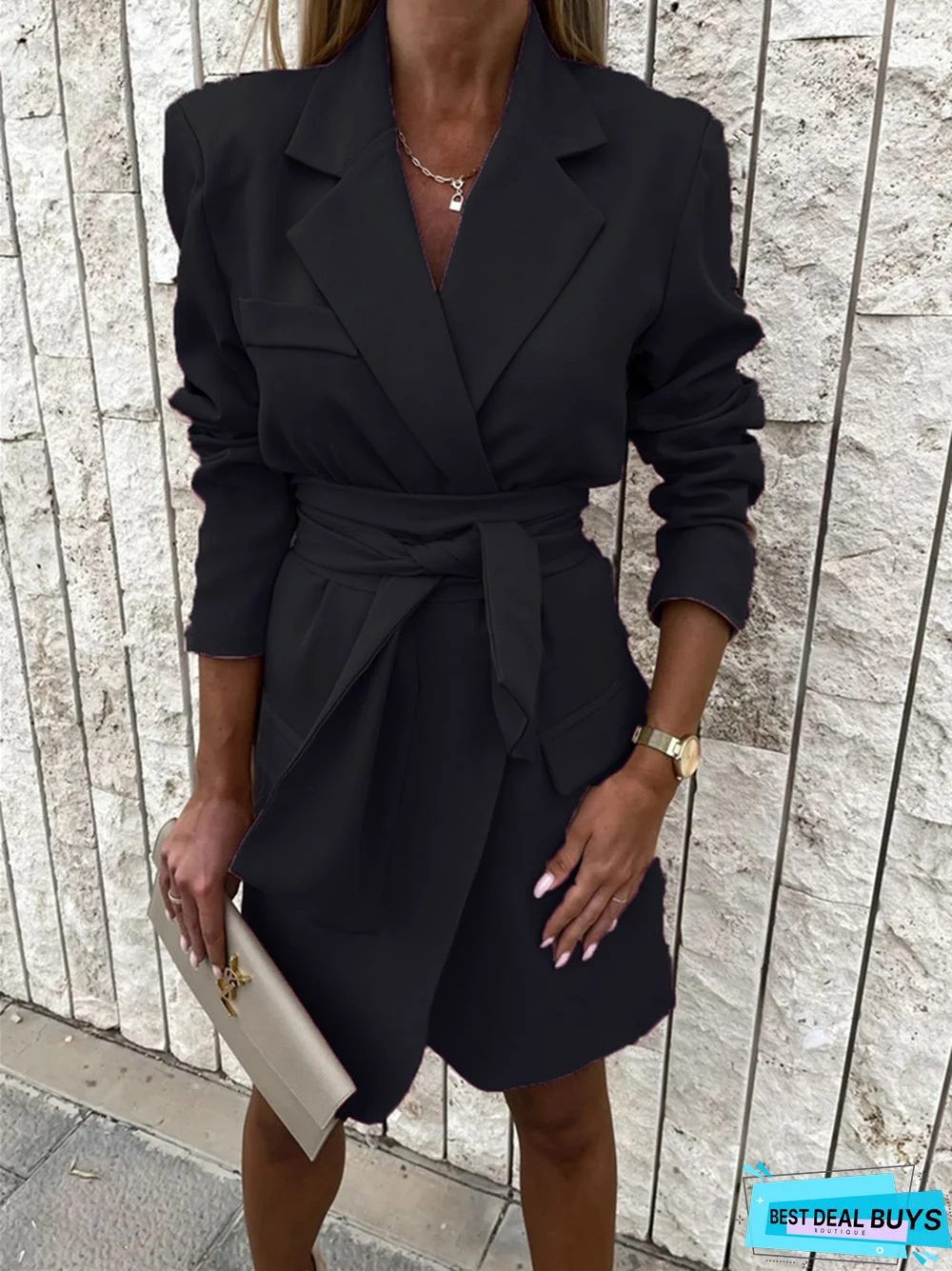 Waist-Tied Loose Candy-Colored Suit Collar Dress