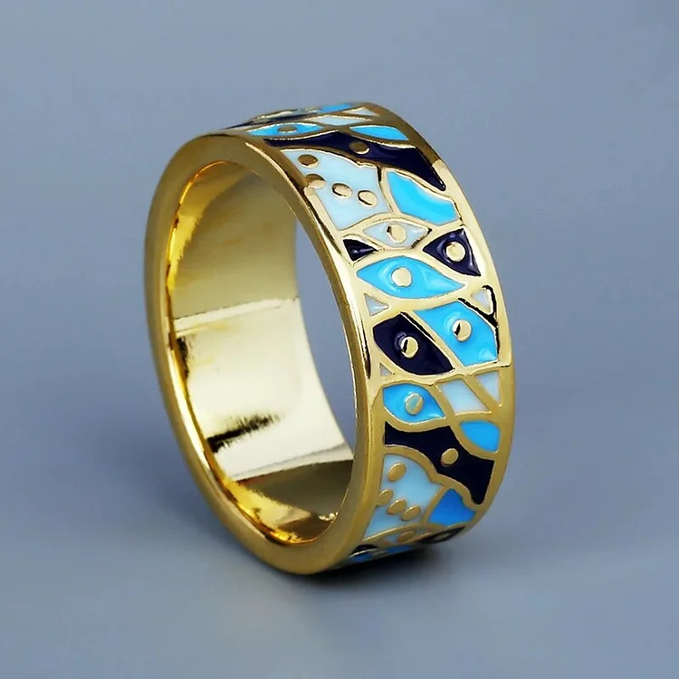 Classic Wide Gold Ring for Men Blue Epoxy Handmade Enamel Jewelry Small Fish Shape Wedding Engagement Ring Couple Jewelry