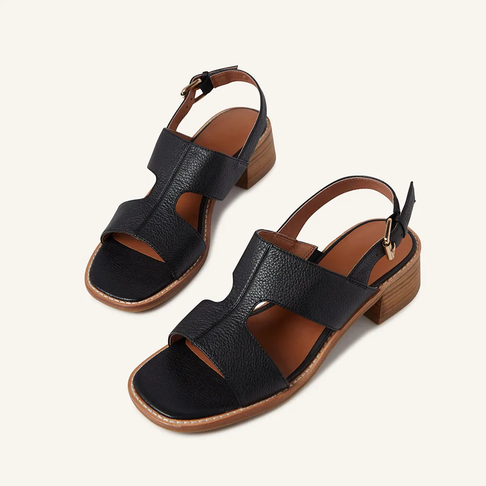 Black Vegan Leather Open Square Toe Slingback Low Heel Sandals