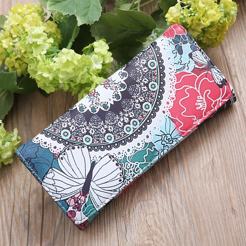 Fashion Multifunctional Women Wallet Color Printing Long Mobile Phone Bag Multi-layer Women Big Flower Color Matching Coin Purse