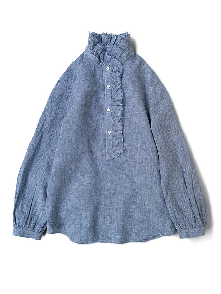 Retro Casual Linen Blend Ruffle Shirt