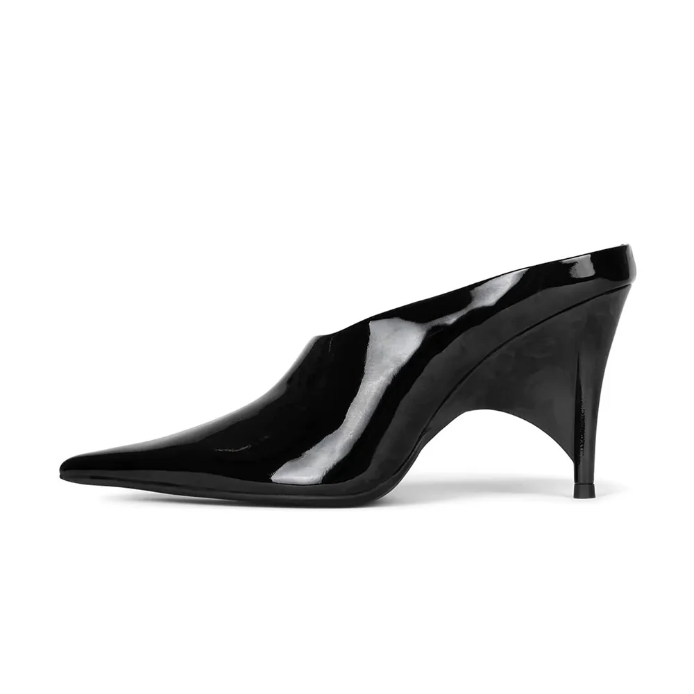 Black Patent Leather Pointed Toe Sculptural Heel Mules for Women
