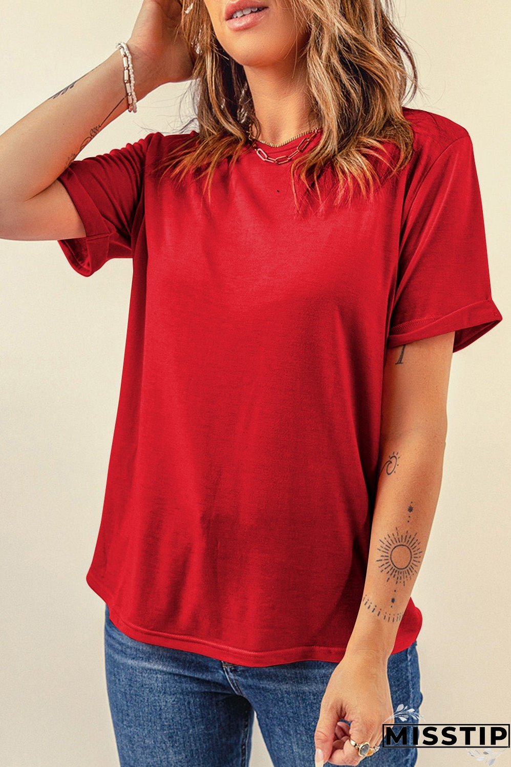 Red Casual Plain Crew Neck Tee