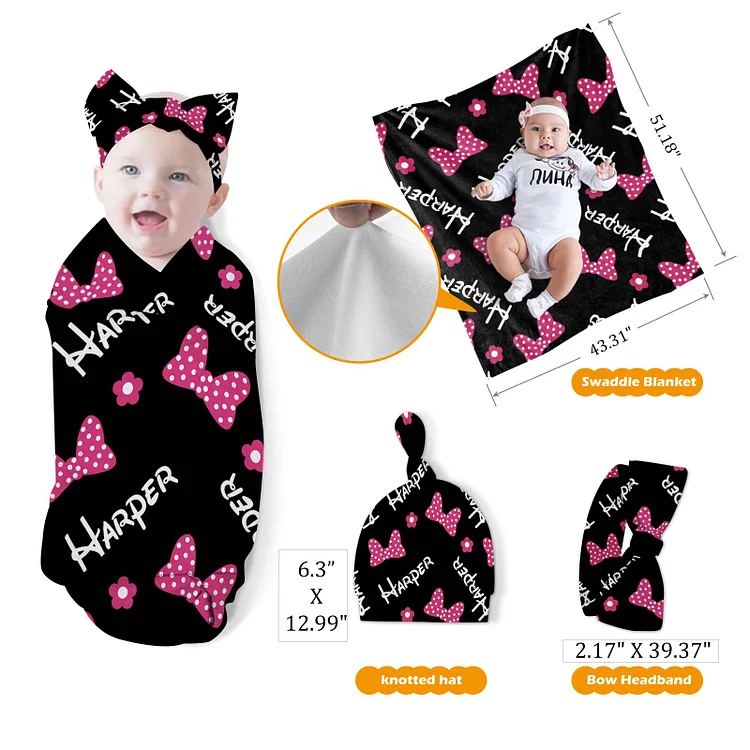 Personalized Bow Tie Baby Swaddle Newborn Swaddle Blanket Set|Set39