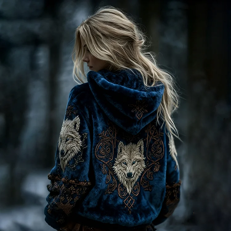 Women's Viking Celtic Wolf Pattern Art Cozy Flannel Hooded