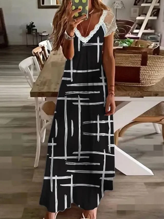 Women's Long Dress Maxi Dress Casual Dress Summer Dress Polka Dot Dress Polka Dot Striped Fashion Casual Outdoor Daily Going out Lace Print Short Sleeve V Neck Dress Loose Fit Black White Red Spring | IFYHOME