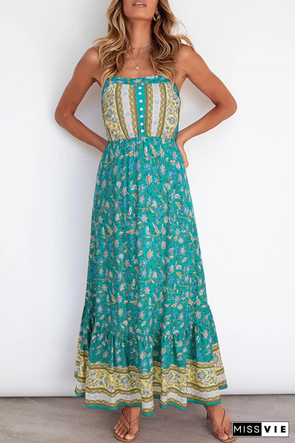 Fashion Elegant Print Split Joint Spaghetti Strap A Line Dresses