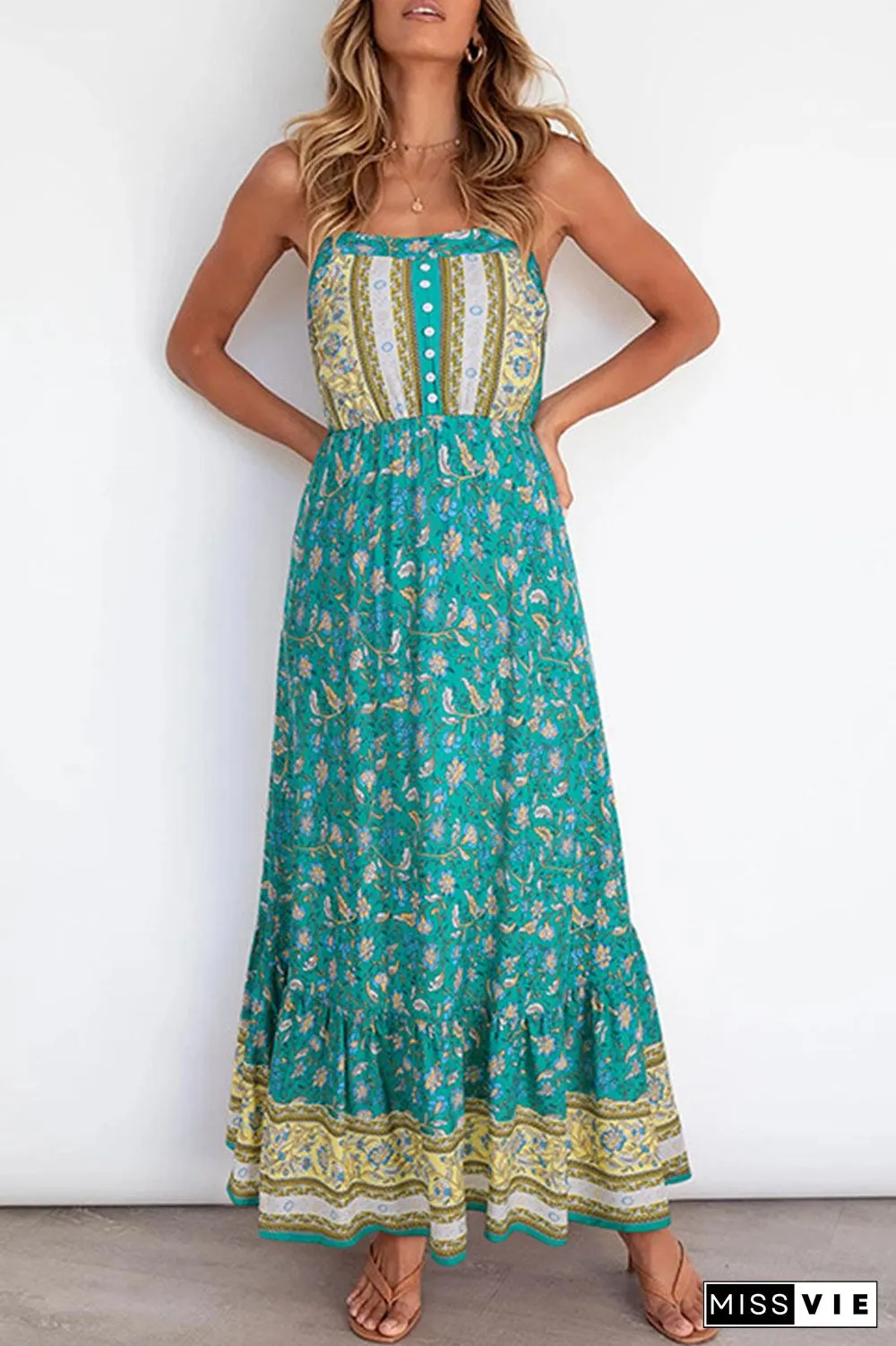 Fashion Elegant Print Split Joint Spaghetti Strap A Line Dresses